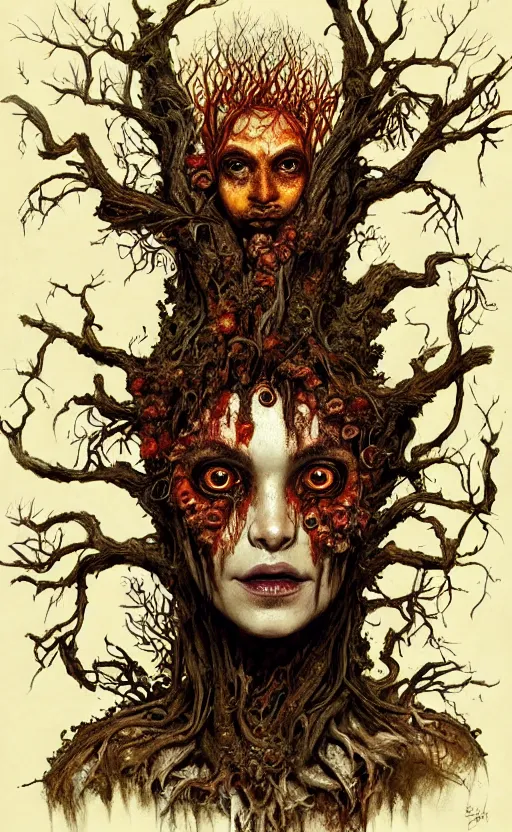 Prompt: portrait of a rotten tree spirit dryad with a beautiful face and flaming mouth and eyes, intricate, headshot, mushrooms, fungi, lichen, sketch lines, graphite texture, old parchment, guillermo del toro concept art, justin gerard monsters, intricate ink illustration, artstation