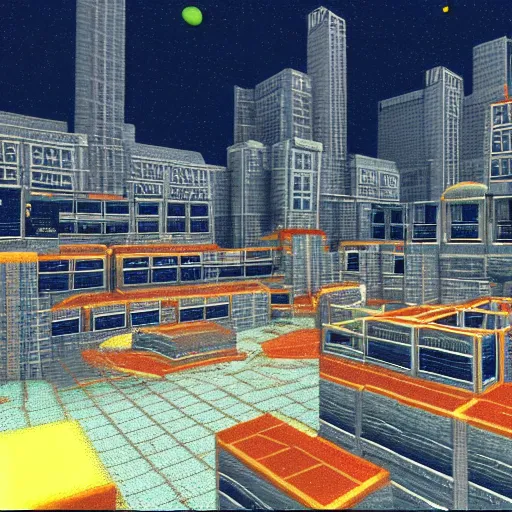 Prompt: 1990s ps1 game screenshot, orbit soviet city,