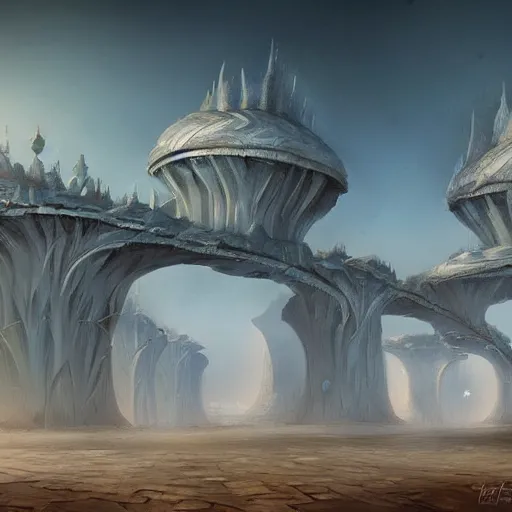 Image similar to a weird surreal and mystical city in the desert, fantasy concept art, trending on artstation, unique architecture