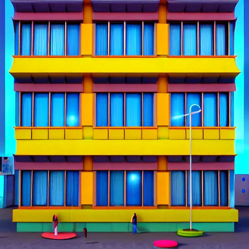 Prompt: freddy mamani silvestre building facade, highly detailed, architectural photo, artstation, 3 d render, 8 k, ultra realistic, lens flare, glow, soft lighting, hyperrealistic, unreal engine, sharp focus, style by wes anderson