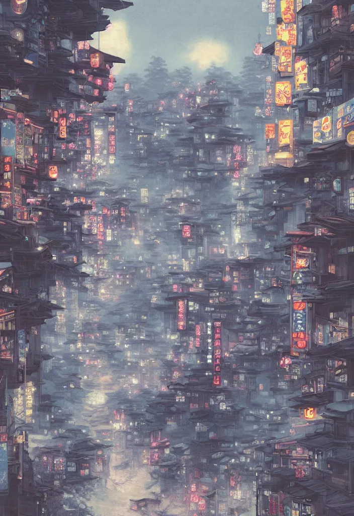 Prompt: a beautiful japanese city in the mountain, amazing ryokans and edo era houses, waterfall, yokai characters. epic cyberpunk. visible pipes, lanterns, lofi vibe, vivide colors, amazing light, light beams with dust, mesmerizing nature, by jeremy lipkin, by claude monet, by makoto shinkai, futuristic city, inspired by ghibli, masterpiece