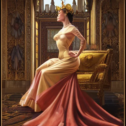 Image similar to kneeling before a proud queen, sitting in a chair while posing for a photo, royal gown, golden detailing, medium shot, intricate, elegant, highly detailed, digital painting, volumetric light, artstation, concept art, smooth, sharp focus, illustration, art by Gil Elvgren and Greg Rutkowski and Alphonse Mucha, 8K