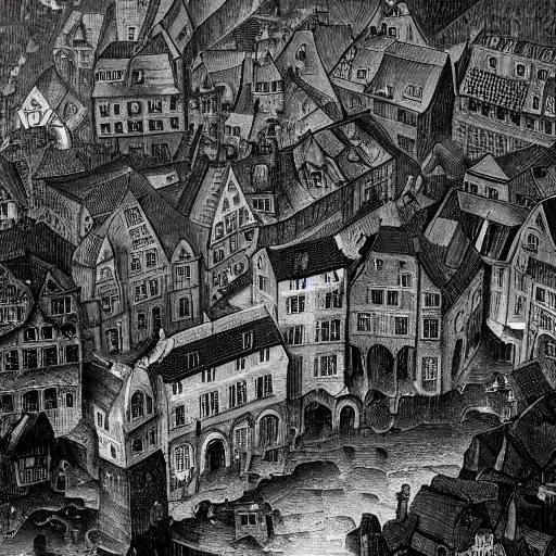 Prompt: dark fantasy, 17th century German city, dark stone, rain, view from above, hyper-detailed