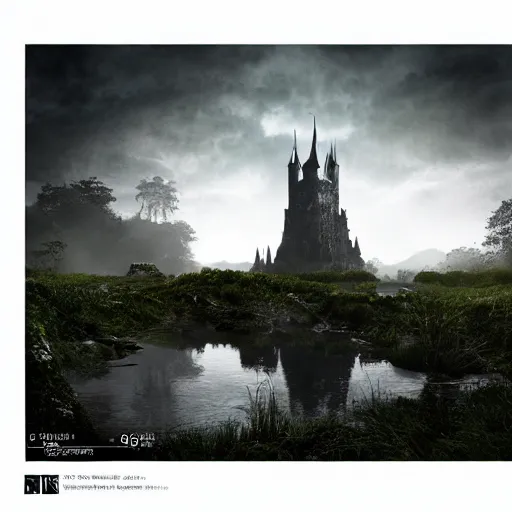 Image similar to full body pose, hyperrealistic photograph of the black castle of rotbog swamp, dim volumetric lighting, 8 k, octane beautifully detailed render, extremely hyper detailed, intricate, epic composition, cinematic lighting, masterpiece, trending on artstation, very very detailed, stunning, hdr, smooth, sharp focus, high resolution, award, winning photo, dslr, 5 0 mm