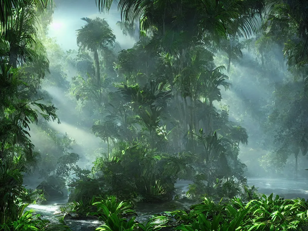 Prompt: Shadowy entrance to the jungle with palm trees and the river flowing near from the mountain. Fantasy style. Sun rays, lens flares. Cinematic, ArtStation, realistic photograph, ambient, shades of green, Unreal Engine 5, rendered by Octane.