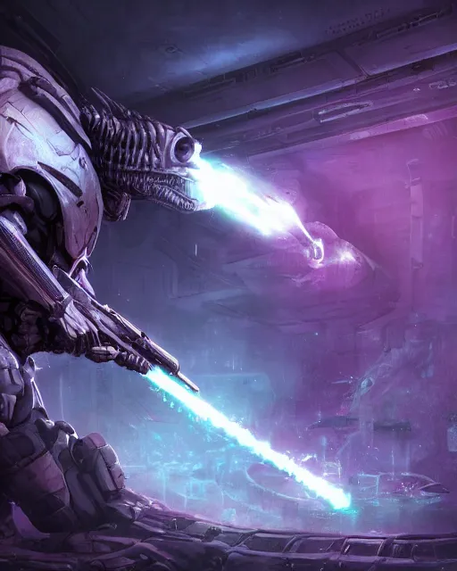 Image similar to Sci-Fi Crocodile alien, armored, big, art by Kashin, Wadim, Martinière, Stephan, Anton Fadeev, holding rifle, sharp focus, pitch black cursed evil Spaceship hallway, dark light, soft purple glow, heroic pose, sci-fi artwork, octane render, dead space artwork, cyberpunk, vivid colors, occult, magical, volumetric lighting, 8k high definition, highly detailed, trending on art Station, centered, by Greg Rutkovski, sci-fi artwork, arnold render