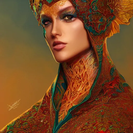 Image similar to a beautiful woman wearing algerian kaftan by alex gray and android jones , Karol Bak, Ayami Kojima, Amano , concept art, character design, fantasy,3D, 8k resolution