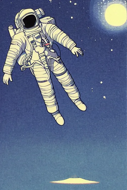 Prompt: An astronaut floating above the earth, in the style of kawase hasui