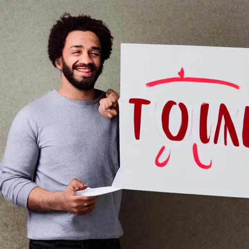 Image similar to man holding a thank you sign, madly grinning, studio light
