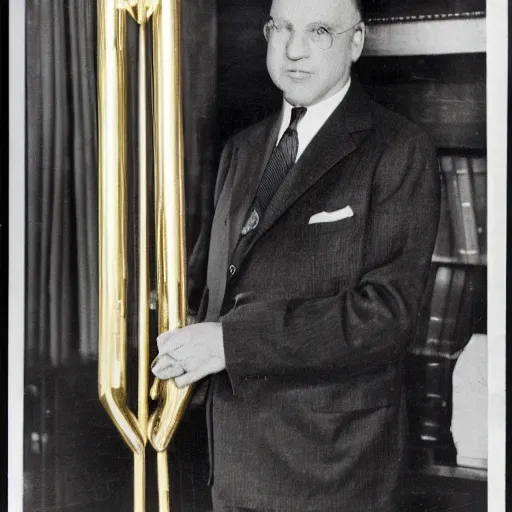 Prompt: a rutgers university president looking wistfully at a golden cane mounted on the wall of his office, 1 9 2 8