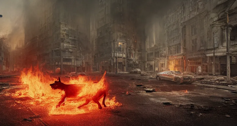 Image similar to A beautiful hyperrealistic ultradetailed matte painting of a demonic Hellhound on fire standing in the middle of city street at night in an abandoned post-apocalyptic city, unreal engine, deviant art, flickr, artstation, octane render, textured, colorful, hyperrealistic, physically based rendering, pbr render, very detailed, volumetric lighting, octane render, 4k, cinematic, 8k resolution,