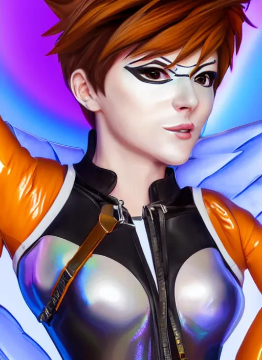Image similar to portrait bust digital artwork of tracer overwatch, wearing white iridescent rainbow latex and leather straps catsuit outfit, 4 k, expressive happy smug expression, makeup, in style of mark arian, angel wings, wearing detailed black leather collar, chains, black leather harness, detailed face and eyes,