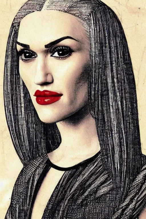 Image similar to a portrait of gwen stefani in the style of leonardo da vinci drawing,, single head, no double head,