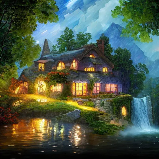 Prompt: cottage on waterfall cryengine render by android jones, james christensen, rob gonsalves, leonid afremov and tim white