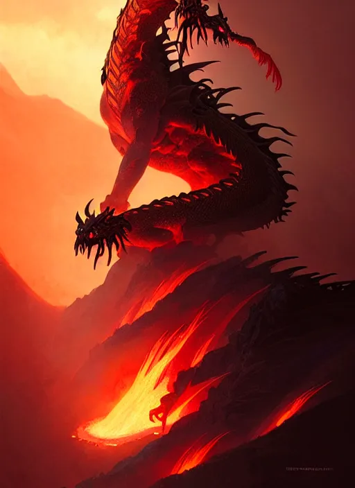 Image similar to Fire Dragon, Volcano landscape, fantasy magic, dark light night, sharp focus, illustration, highly detailed, digital painting, concept art, matte, art by WLOP and Artgerm and Greg Rutkowski and Alphonse Mucha