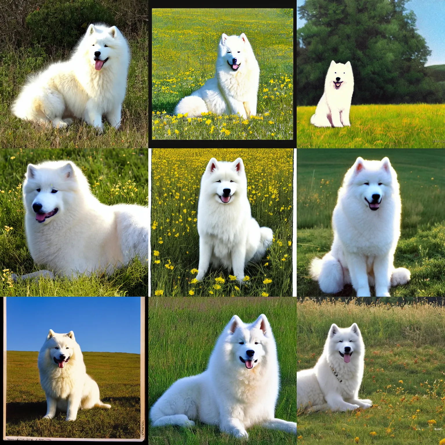 Prompt: a samoyed dog sitting in the middle of sunny meadow, colored, by Ross Andru