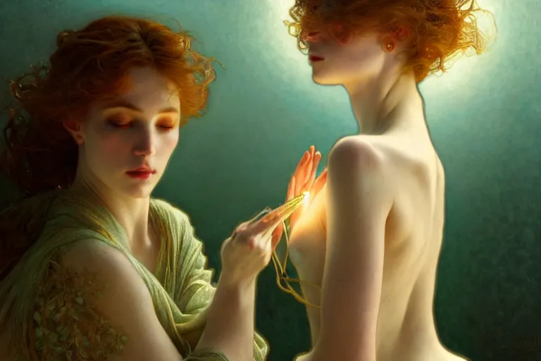 Image similar to pale teal becoming light itself, fantasy, intricate, elegant, dramatic lighting, emotionally evoking symbolic metaphor, highly detailed, lifelike, photorealistic, digital painting, artstation, concept art, smooth, sharp focus, illustration, art by John Collier and Albert Aublet and Krenz Cushart and Artem Demura and Alphonse Mucha