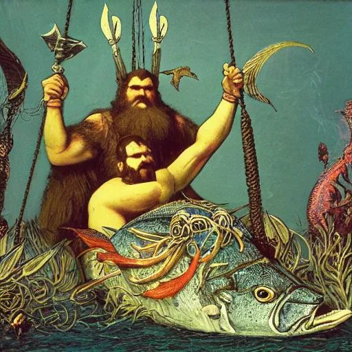 Image similar to The illustration shows a mythological scene. A large, bearded man is shown seated on a throne, surrounded by sea creatures. He has a trident in one hand and a shield in the other. Behind him is a large fish, and in front of him are two smaller creatures. rococopunk by William Wegman, by John Atkinson Grimshaw angular, kaleidoscopic