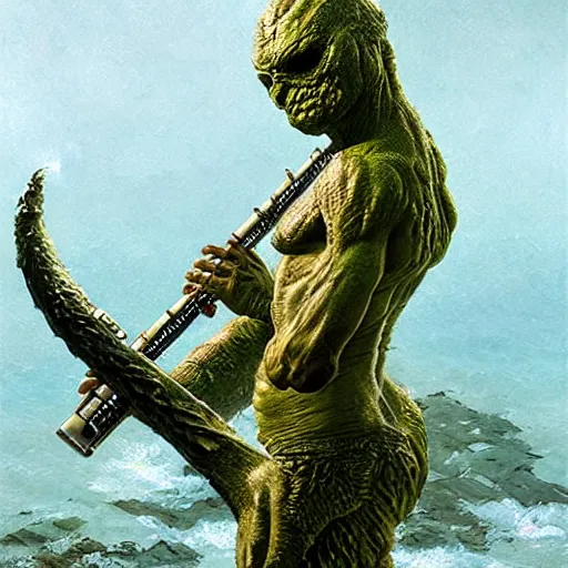 Prompt: UHD photorealistic Creature From The Black Lagoon playing a flute by Greg Rutkowski