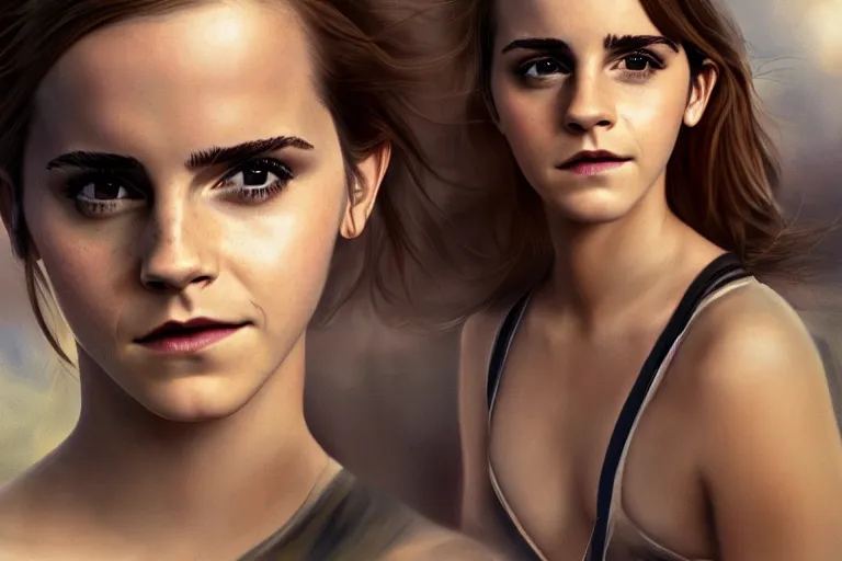 Image similar to emma watson, first person view, fantasy, painting, ultra realistic!!!, clear weather, golden hour, sharp focus