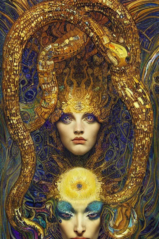 Image similar to Rebirth by Karol Bak, Jean Deville, Gustav Klimt, and Vincent Van Gogh, majestic portrait of a sacred serpent, Surreality, radiant halo, shed iridescent snakeskin, otherworldly, fractal structures, celestial, arcane, ornate gilded medieval icon, third eye, spirals