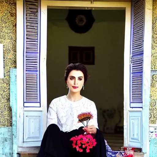 Prompt: a beautiful portrait of the turkish actress rabia soyturk, duy beni serial, sitting on the porch holding a flower, in front of the house