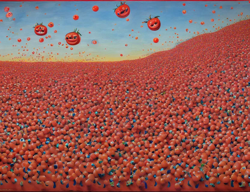 Image similar to a funny high resolution oil painting with dirty old brush of a lazy red burning and melting tomatos with to many googly eyes on a sunset beach to hot for the sun, big piles of strawberry icecream in cones falling from the sky by james jean and fernando botero