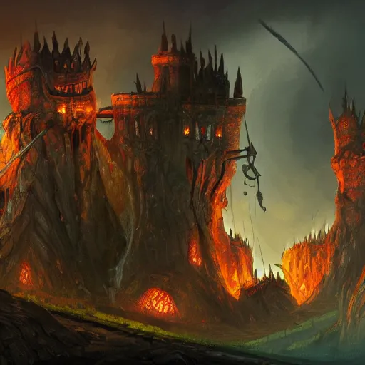 Prompt: evil fantasy castle on a mountain, dungeons and dragons, epic illustration, fantasy illustration, epic, 8 k, artstation, giant axe