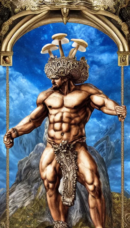 Image similar to a masterpiece hyperdetailed dnd tarot card, magnificent mushroom deity as depicted in a colossal greek marble statue ( with godlike bodybuilder physique ), hd tarot card depicting monumental statue of a mushroom god with cute large mushroom hat, hdr, 8 k, artstationhq, digital art