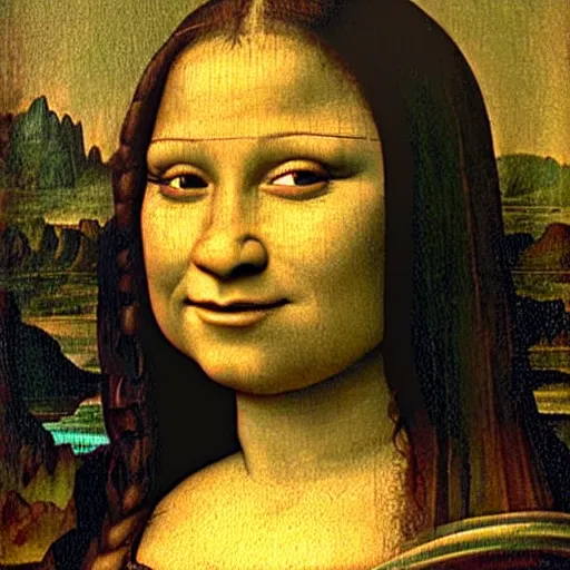 Prompt: A portrait of Shrek in the style of the Mona Lisa, by Leonardo Da Vinci, chiaroscuro, museum catalog photography,