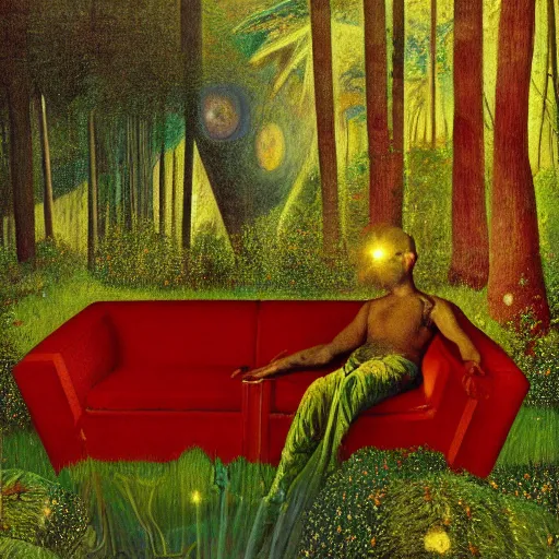 Image similar to psychedelic couch sofa in the lush pine forest, milky way, designed by arnold bocklin, jules bastien - lepage, tarsila do amaral, wayne barlowe and gustave baumann, cheval michael, trending on artstation, star, sharp focus, colorful refracted sparkles and lines, soft light, 8 k 4 k