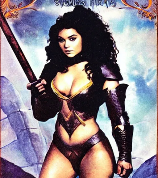 Image similar to 1 9 8 0 s fantasy novel book cover, plus size amazonian ariel winter in extremely tight bikini armor wielding a cartoonishly large sword, exaggerated body features, dark and smoky background, low quality print