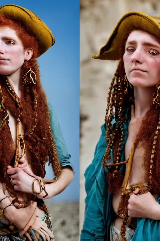 Prompt: Beautiful 19th Century Barbary Coast pirate female model with amazing Ginger hair and Golden hooped earrings photography by Steve McCurry