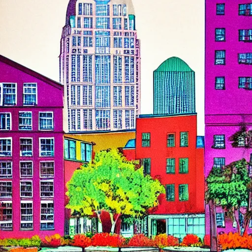 Prompt: colorful lithograph of downtown Charlotte North Carolina