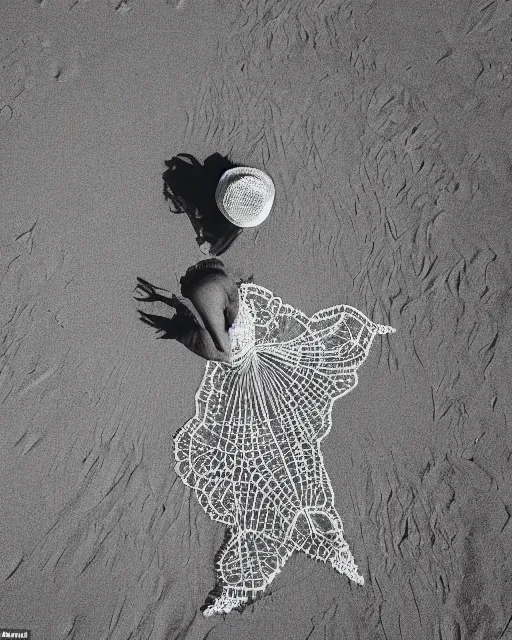 Prompt: a woman standing on a beach, made of intricate decorative lace leaf skeleton, shot from a drone, in the style of the dutch masters and gregory crewdson, dark and moody