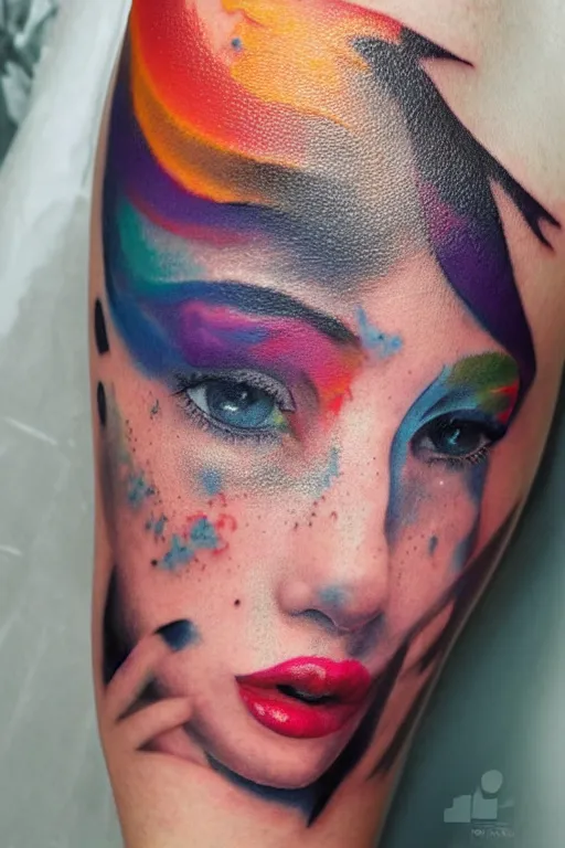 Image similar to girl face with colourful tattoo, volume light, by cutiicosmo, trend on artstation