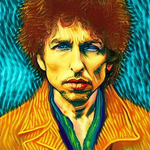 Image similar to an artistic portrait of bob dylan, high quality, studio photography, colourful, hero, heroic, beautiful, in the style of vincent van gogh
