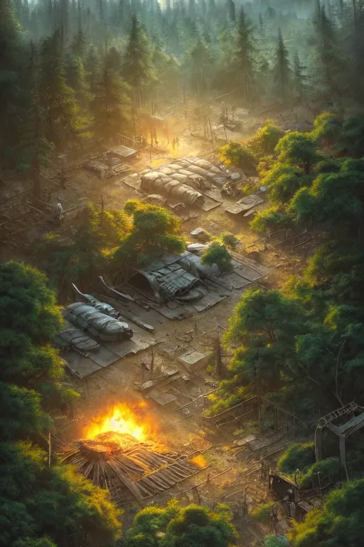 Image similar to a highly detailed matte painting of a post - apocalyptic military encampment in the forest aerial view, by studio ghibli, makoto shinkai, by artgerm, by wlop, by greg rutkowski, volumetric lighting, octane render, 4 k resolution, trending on artstation, masterpiece