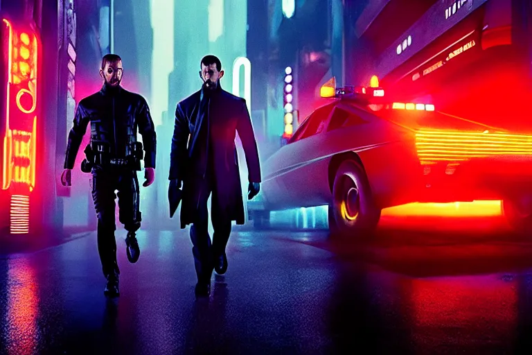 Prompt: film still of closeup diverse futuristic police squad in blade runner 2 0 4 9, cinematic, moody, gritty neon noir by emmanuel lubezki