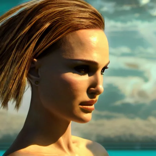 Prompt: Natalie Portman as cyber mermaid on the shores of tropical lake octane render