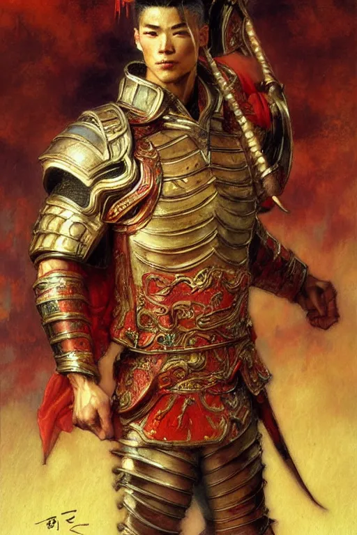 Image similar to attractive muscular male with armor and clothes, tang dynasty, character design, colorful paint, sweat, painting by gaston bussiere, craig mullins, j. c. leyendecker