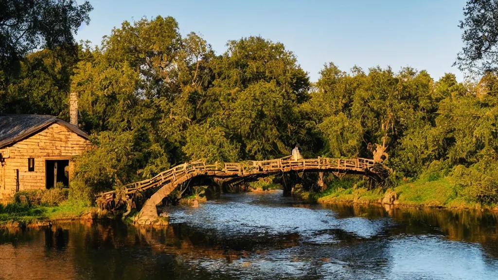 Image similar to small wooden cottage by the river, a tree with vines wrapped around it, two crows on the tree, tranquility, arch stone bridge over the river, an old man riding a horse on the bridge, sunset