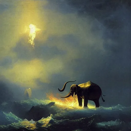 Image similar to giant gold-clad elephant in ferocious battle against a flying fire breathing seal, dark, oil painting, Ivan Aivazovsky