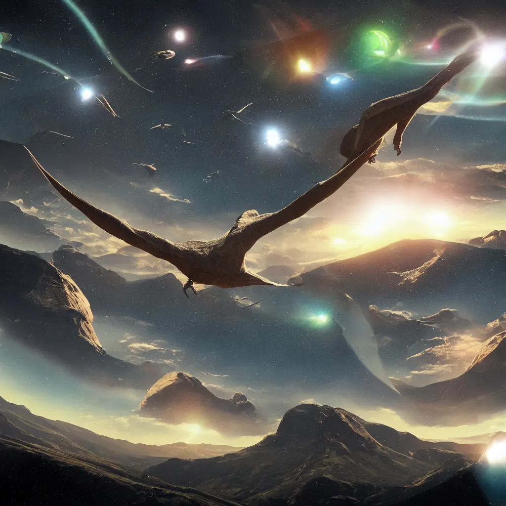 Prompt: organic alien pterodactyl flying over a mountainous alien landscape with visible planets in the sky, refraction, reflections, chromatic aberration, light scatter, ray tracing, dramatic sci-fi movie still