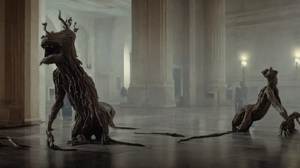 Prompt: the strange creature in city hall, made of wax and water, film still from the movie directed by Denis Villeneuve with art direction by Salvador Dalí, long lens