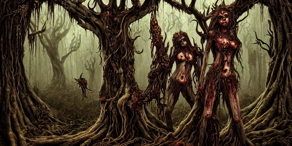 Image similar to dryads, bark skin, detailed fantasy art, contrast terror blood horror, forest of the dead, foul spirits, wallpaper