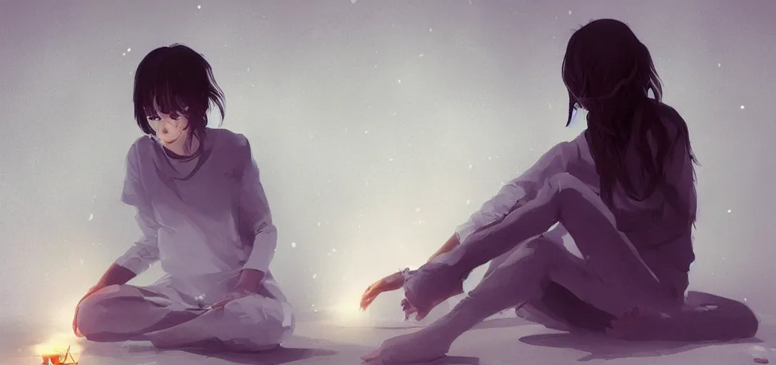 Image similar to Young Himalayan woman sitting concerned in an empty room with loneliness using psychic powers to make a lighter float| night time scene, plain walls |somber white eyes, long messy hair | gentle lighting, futuristic, dim lighting, digital art by Makoto Shinkai ilya kuvshinov and Wojtek Fus, digital art, concept art,