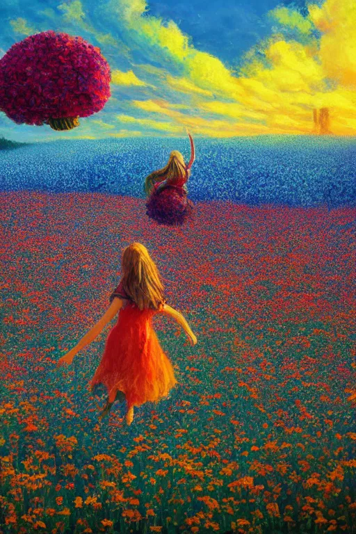 Image similar to closeup, giant flower head, girl in suit jumping in field of flowers, surreal photography, sunrise, blue sky, dramatic light, impressionist painting, digital painting, artstation, simon stalenhag