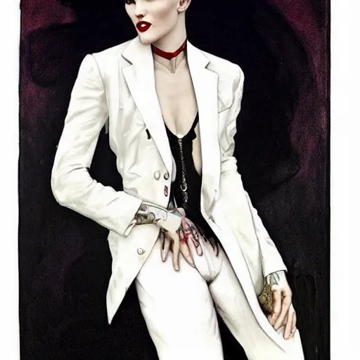 Image similar to stunning portrait of androgynous ruby rose as desire from sandman in a white tuxedo!!!, rockabilly style, by jeremy mann, by alphonse mucha, by peter lindbergh, dave mckean, by frank moth, white suit and black tie, soft lightning, high detailed, 8 k