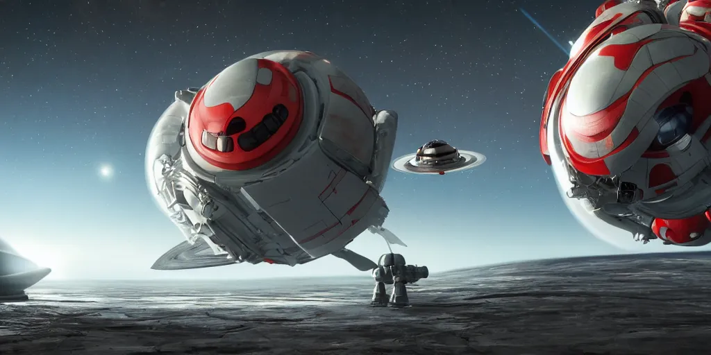 Prompt: movie still far view of a spaceship docked in space around planet saturn. huge ladybug looking robots fix the spaceship outside. detailed, cgsociety, highly detailed, dramatic lighting, coherent, octane, silent running, fifth element, 4 k.